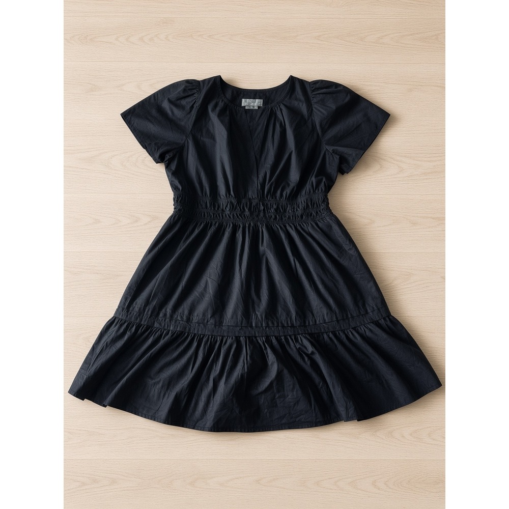 By Anthropologie Black Smocked Waist Tiered Mini Dress Puff Sleeve XL